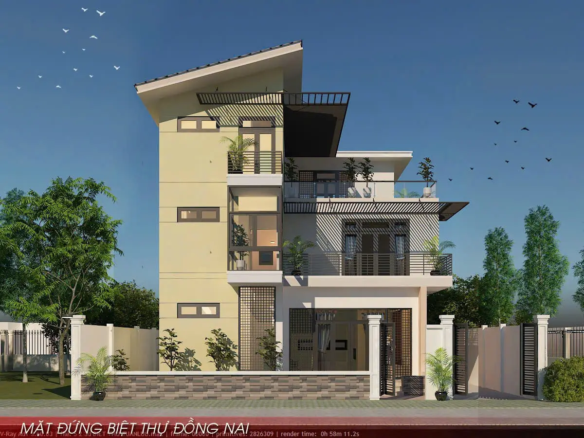 Phối cảnh 3D biệt thự 3 tầng tại Long Tân Nhơn Trạch Đồng Nai do Xây Dựng Nhật Trung thi công