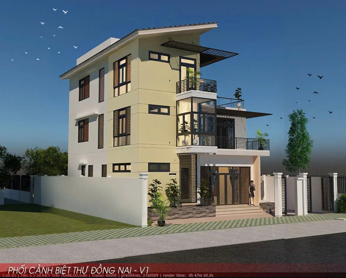 Mặt đứng phối cảnh biệt thự 3 tầng kiến trúc hiện đại tại Nhơn Trạch Đồng Nai